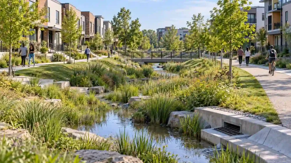 Illustration générée par IA d’un quartier habité où une noue paysagère, des cheminements et une passerelle accompagnent la gestion des eaux pluviales.