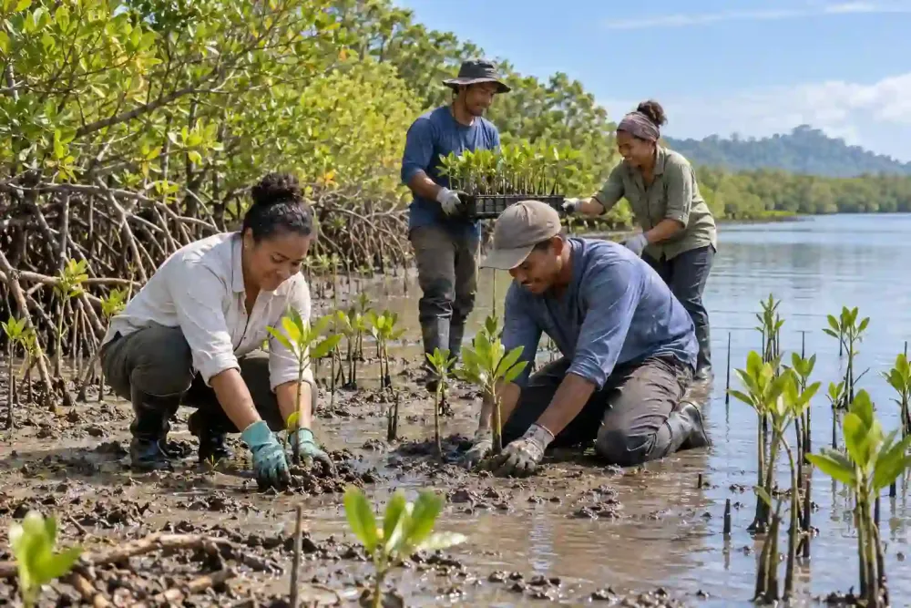 Quatre adultes plantent de jeunes palétuviers dans un estuaire calme, au pied d’une mangrove. Scène fictive générée par IA.