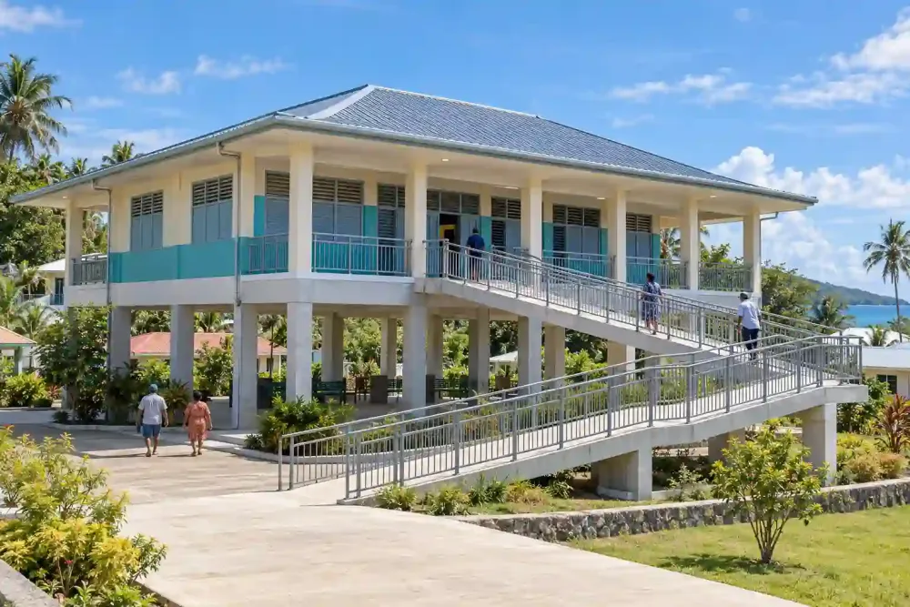 Bâtiment scolaire fictif sur pilotis, doté d’une longue rampe d’accès et entouré de quelques habitants adultes dans un cadre côtier tropical. Illustration générée par IA.