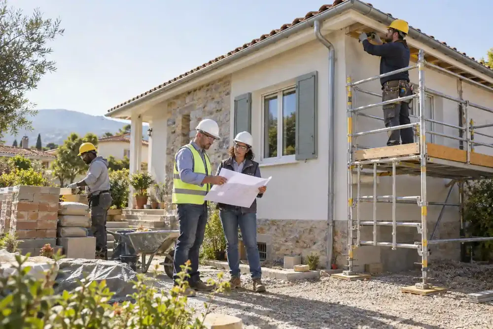 Illustration générée par IA : une équipe équipée de protections rénove une maison, avec un ouvrier sur un échafaudage et deux professionnels consultant des plans.