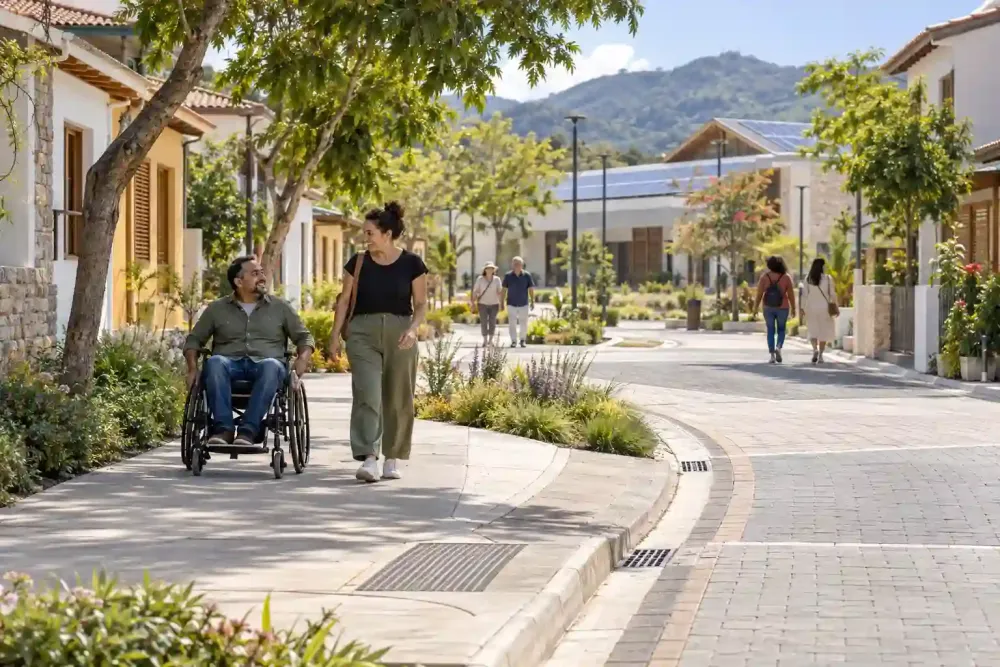 Illustration générée par IA : des adultes, dont une personne en fauteuil roulant, circulent dans un quartier arboré doté de larges trottoirs, de grilles de drainage et d’un bâtiment équipé de panneaux solaires.