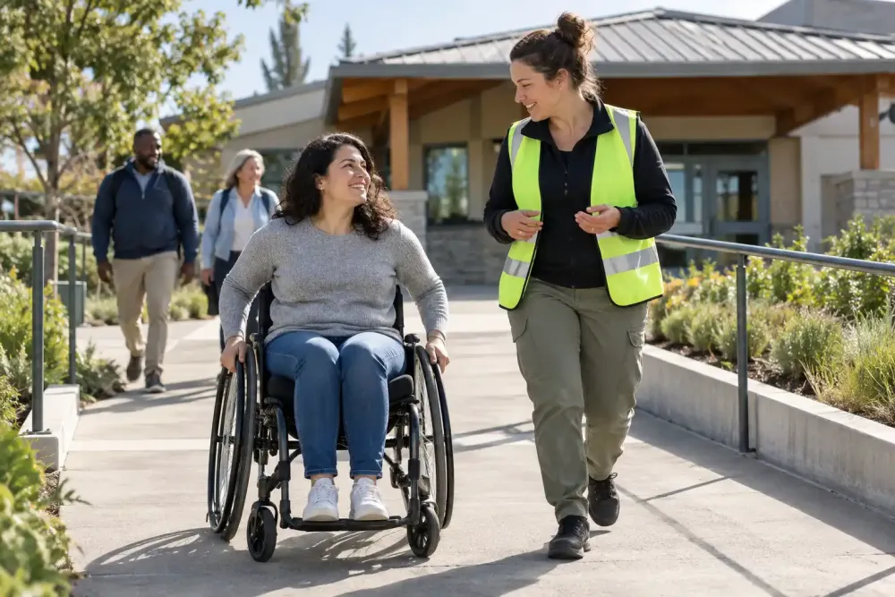 Illustration fictive générée par IA : une adulte en fauteuil roulant se déplace aux côtés d’une intervenante civile sur un chemin large équipé de rampes.